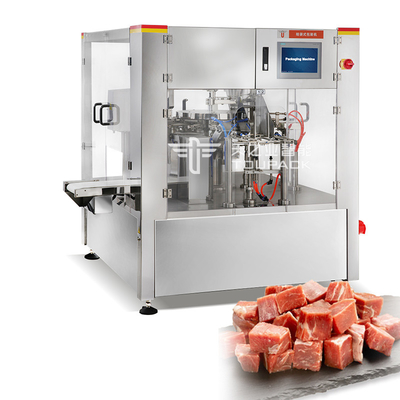 آلة تعبئة الفراغ للأكياس الدوارة الأوتوماتيكية لتعبئة اللحوم وختم الأكياس مسبقة الصنع