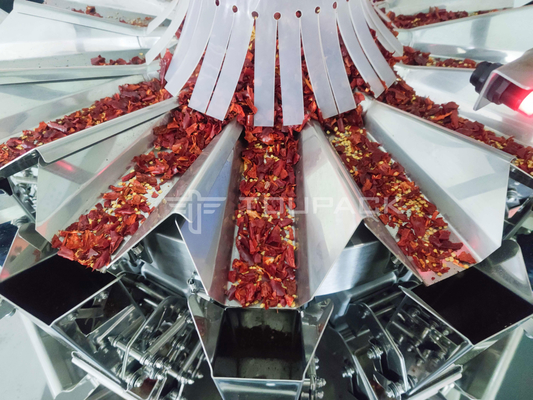50g آلة تعبئة الفلفل الأحمر الجاف حقيبة الحبوب العمودية مع Multihead Weigher 120BPM